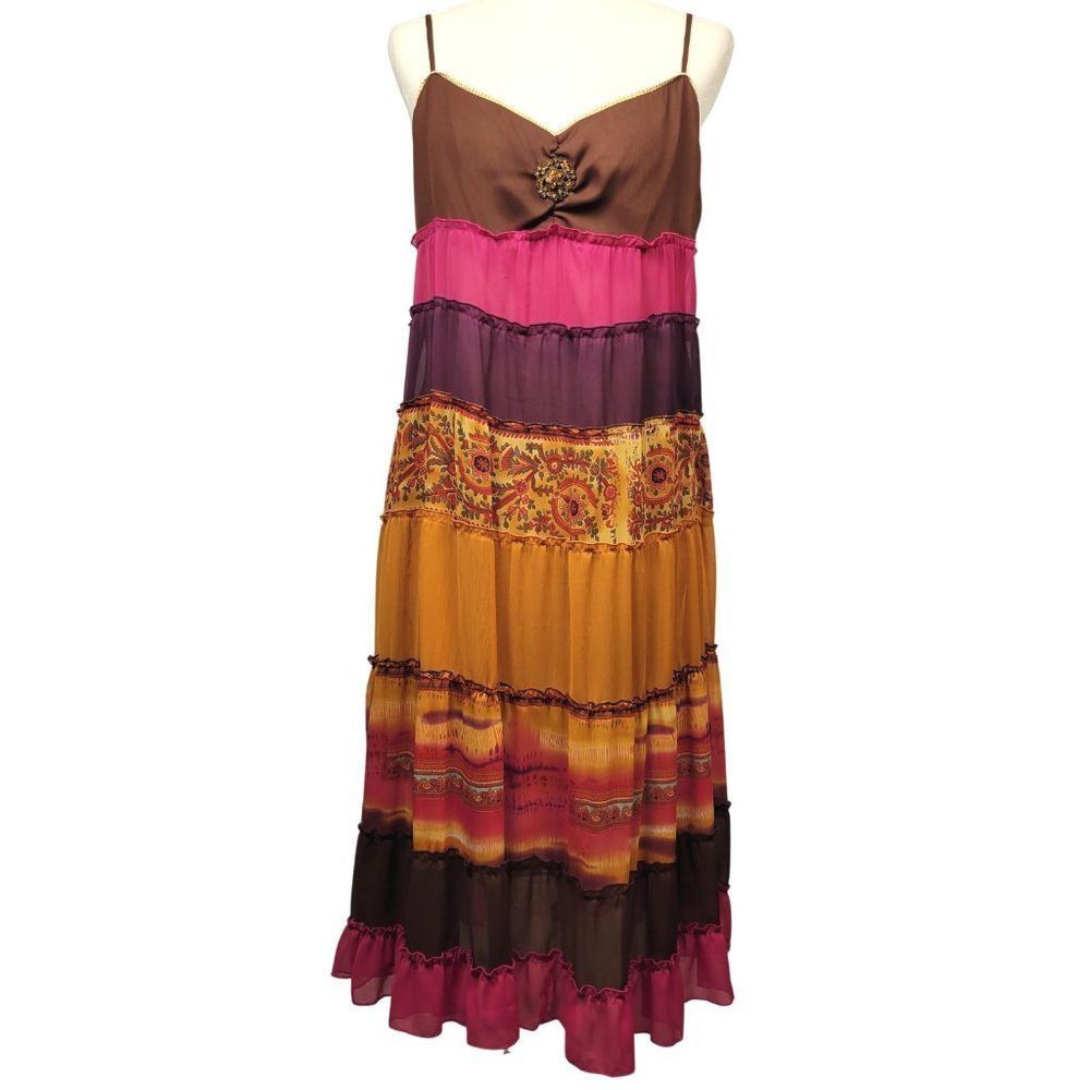 Robbie Bee - Multi-Colored Bohemian Layered Spaghetti-Strap Dress - Size 12